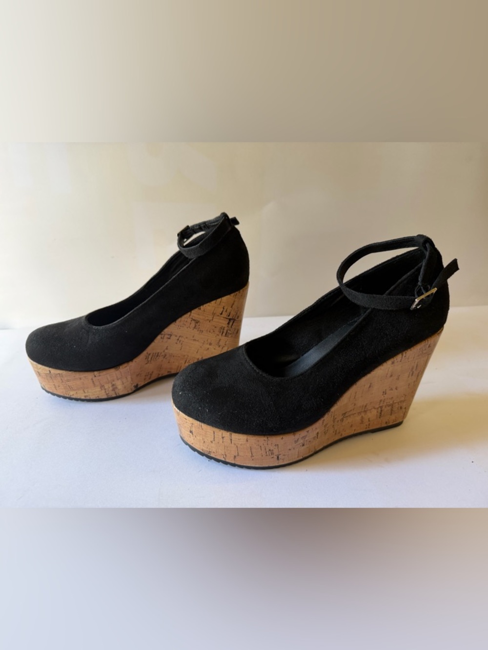 Black Suede Platform Wedge Heels with Ankle Strap